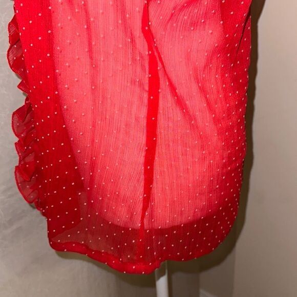 Guess L Red Textured Polka Dot Romantic Sheer Short Sleeve Collared Blouse - Picture 6 of 16